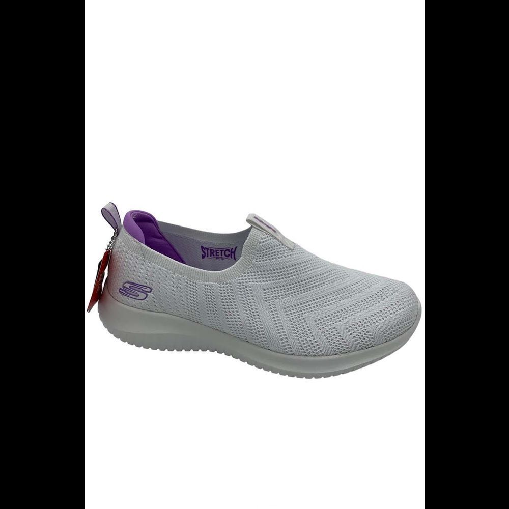 Skechers Women's White Knit Slip-On Sneakers with Purple Lining